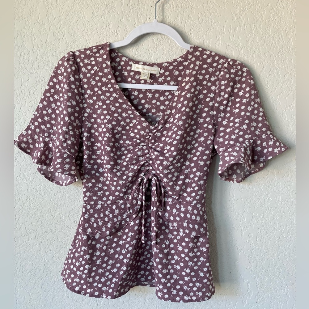 Purple blouse flutter sleeve
